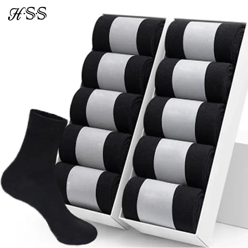 Dress Sock Men - HSS 10 คู่ถุงเท้าผู้ชายผ้าฝ้าย Casual ธุรกิจกลางสีดํา Breathable