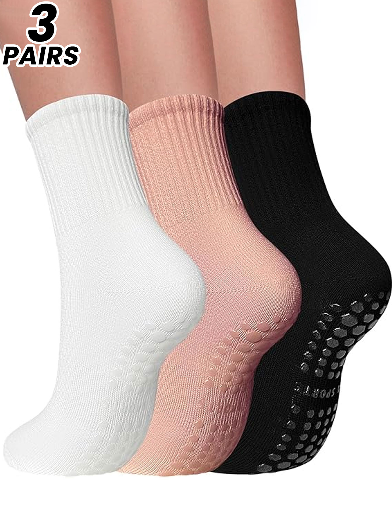 No Show Sock Women - ถุงเท้าโยคะสำหรับผู้หญิง 3 คู่ ถุงเท้ากันลื่นความยาวปานกลางสำหรับกีฬาในร่มสำหรับผู้ใหญ่ ถุงเท้าสำหรับออกกำลังกายบนพื้น ถุงเท้าพิลาทิสแบบเงียบ