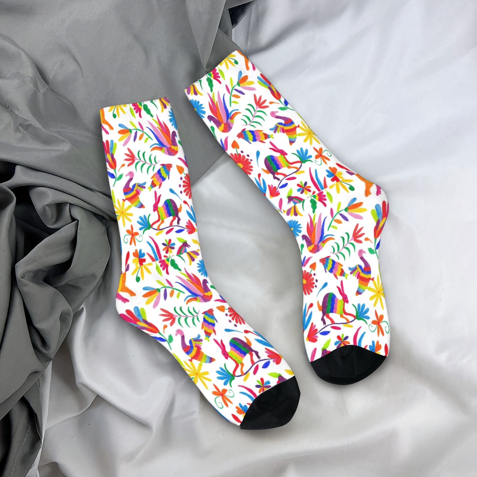Dress Sock Men - ถุงเท้าลายศิลปะพื้นเมืองโอโตมีของเม็กซิโก สำหรับผู้ชายและผู้หญิง ลายดอกไม้และนก สวยงาม เหมาะสำหรับฤดูใบไม้ผลิ ฤดูร้อน