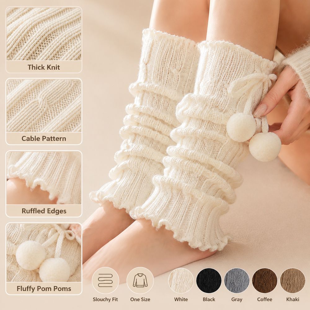 Boot Sock Slouchy - ปลอกขาไหมพรมถักลายเคเบิล ขอบระบาย ปลอกขาแบบหลวม หนาและอบอุ่น พร้อมพู่ปอมปอมขนฟูสำหรับขอบรองเท้าบูท
