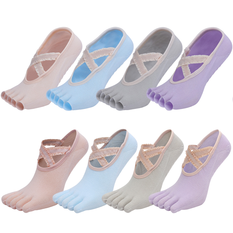 Toe Sock Split - ห้านิ้วถุงเท้าโยคะลูกไม้ Cross สายคล้องคอลื่นออกกำลังกายพิลาทิสบัลเล่ต์เต้นรำผ้าฝ้ายแยกนิ้ว Grip ถุงเท้าชั้น
